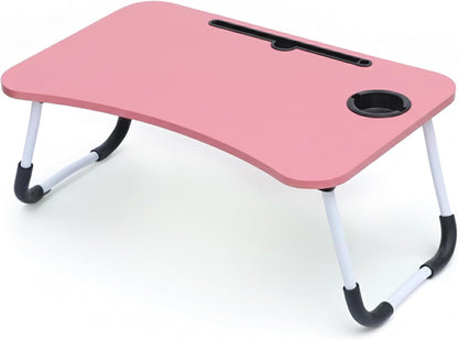 Laptop Bed Table, Laptop Desk with Foldable Legs & Cup Slot, Portable Tablet Notebook Stand Breakfast Bed Tray with Curved Design Charging Slot & Handle for Sofa, Bed (Pink and Green) (Pink)