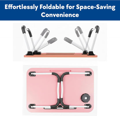 Laptop Bed Table, Laptop Desk with Foldable Legs & Cup Slot, Portable Tablet Notebook Stand Breakfast Bed Tray with Curved Design Charging Slot & Handle for Sofa, Bed (Pink and Green) (Pink)