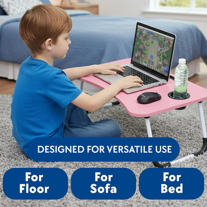 Laptop Bed Table, Laptop Desk with Foldable Legs & Cup Slot, Portable Tablet Notebook Stand Breakfast Bed Tray with Curved Design Charging Slot & Handle for Sofa, Bed (Pink and Green) (Pink)