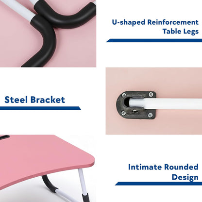 Laptop Bed Table, Laptop Desk with Foldable Legs & Cup Slot, Portable Tablet Notebook Stand Breakfast Bed Tray with Curved Design Charging Slot & Handle for Sofa, Bed (Pink and Green) (Pink)
