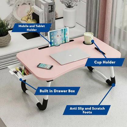 Laptop Bed Table, Laptop Desk with Foldable Legs & Cup Slot, Portable Tablet Notebook Stand Breakfast Bed Tray with Curved Design Charging Slot & Handle for Sofa, Bed (Pink and Green) (Pink)