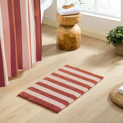 Bath Mat with Striped Design, Microfiber Absorbent Non Slip Tufted Rug for Floor, Shower or Kitchen (20x32 inch, Blush)