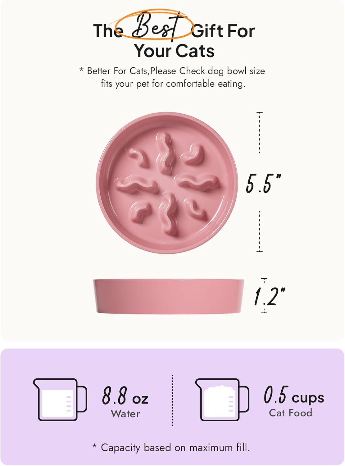 Ceramic Slow Feeder Dog Bowls Small Breed, 0.5 Cups Dog Food Dish for Fast Eaters, Puzzle Bowl for Small Dogs and Cats, 5.5 Inch-Pink