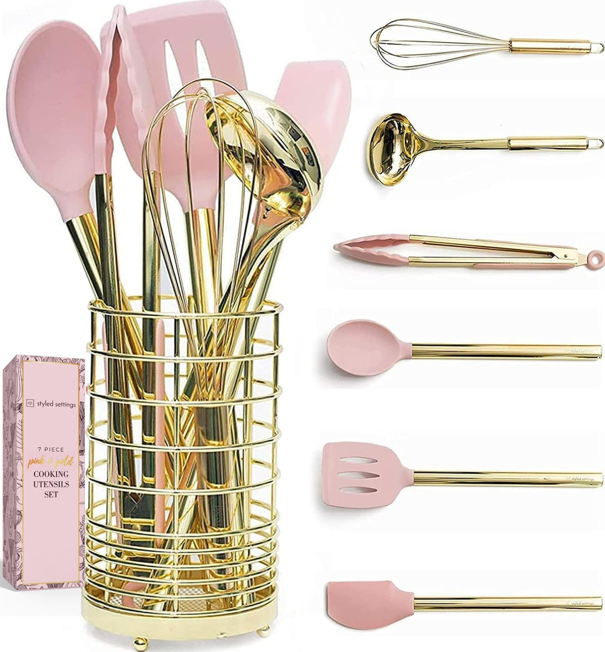 Gold and Pink Kitchen Utensil Set with Holder, 7-Piece