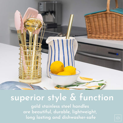 Gold and Pink Kitchen Utensil Set with Holder, 7-Piece