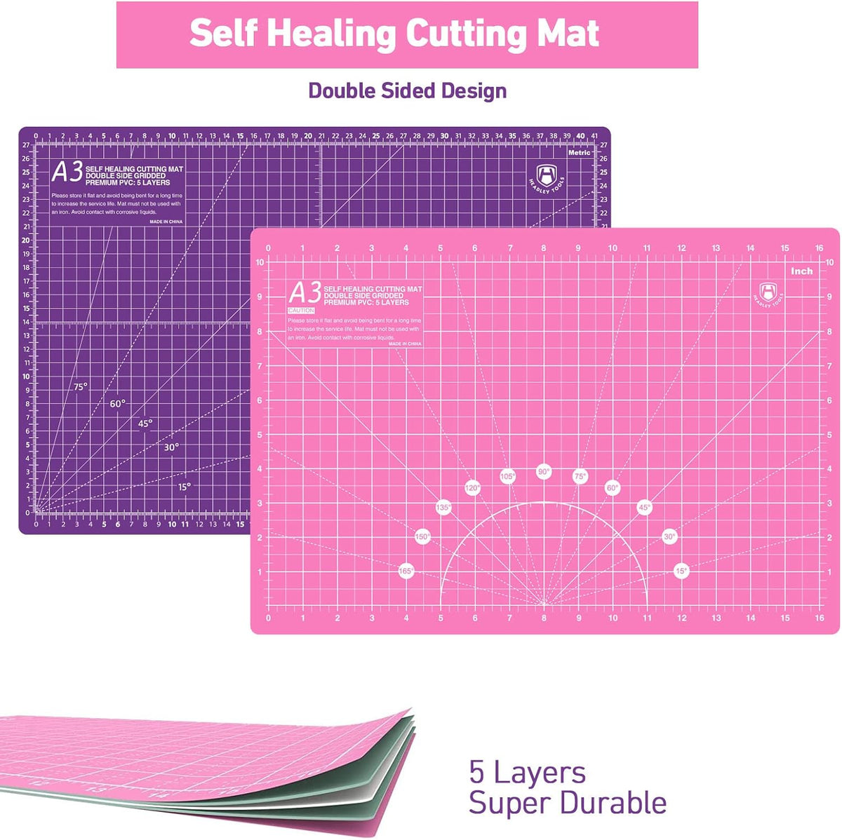 Rotary Cutter Set - 45mm Fabric Cutter, 5 Replacement Rotary Blades, A3 Cutting Mat, Quilting Ruler and Sewing Clips, Craft Knife Set, Ideal for Crafting, Sewing, Patchworking, Pink