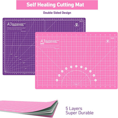 Rotary Cutter Set - 45mm Fabric Cutter, 5 Replacement Rotary Blades, A3 Cutting Mat, Quilting Ruler and Sewing Clips, Craft Knife Set, Ideal for Crafting, Sewing, Patchworking, Pink