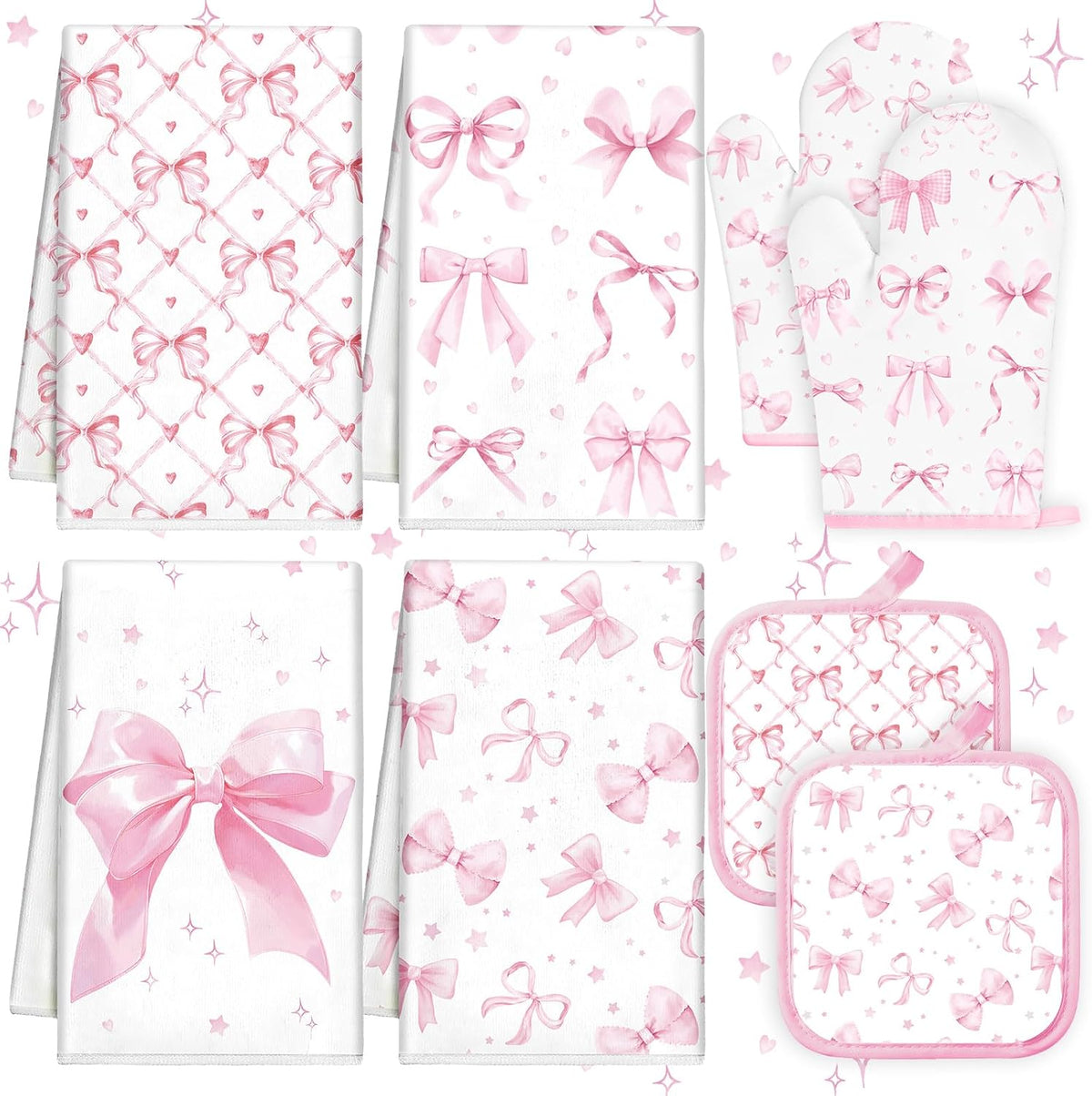 8 Pcs Pink Bows Kitchen Towels Pot Holders and Oven Mitt Set Coquette Kitchen Accessories 4 Dish Towels 2 Absorbent Square Potholders 2 Heat Resistant Glove for Cooking Baking Home Gifting