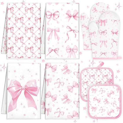 8 Pcs Pink Bows Kitchen Towels Pot Holders and Oven Mitt Set Coquette Kitchen Accessories 4 Dish Towels 2 Absorbent Square Potholders 2 Heat Resistant Glove for Cooking Baking Home Gifting