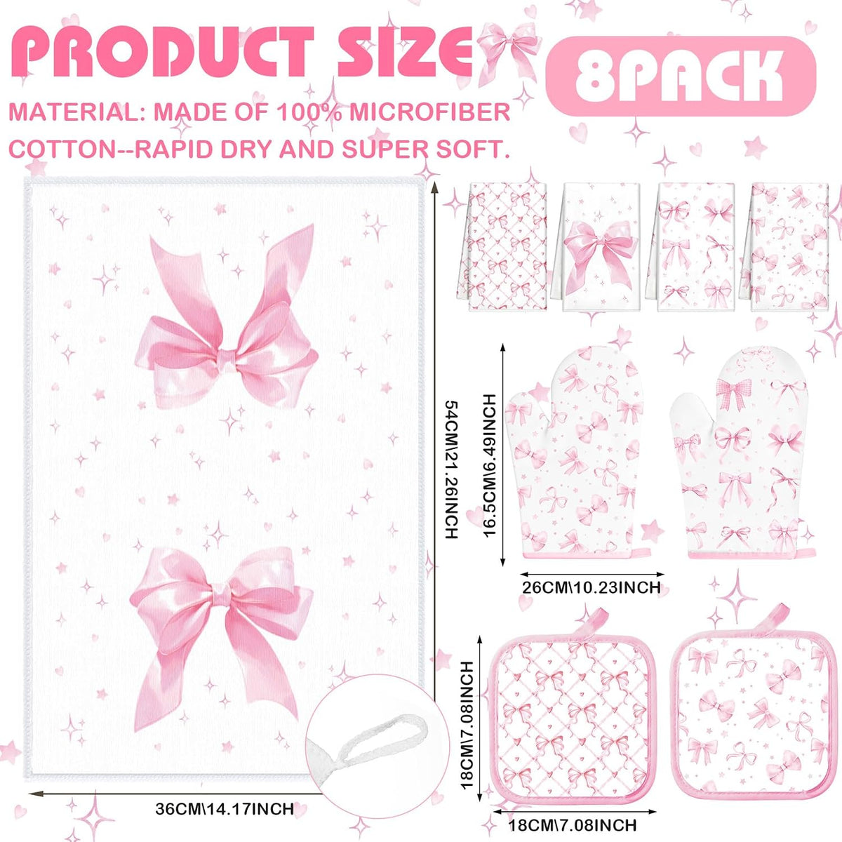 8 Pcs Pink Bows Kitchen Towels Pot Holders and Oven Mitt Set Coquette Kitchen Accessories 4 Dish Towels 2 Absorbent Square Potholders 2 Heat Resistant Glove for Cooking Baking Home Gifting
