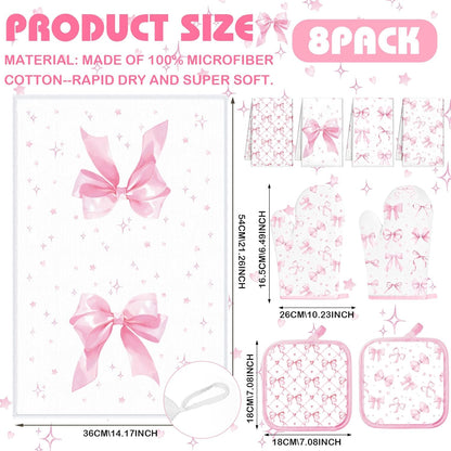 8 Pcs Pink Bows Kitchen Towels Pot Holders and Oven Mitt Set Coquette Kitchen Accessories 4 Dish Towels 2 Absorbent Square Potholders 2 Heat Resistant Glove for Cooking Baking Home Gifting