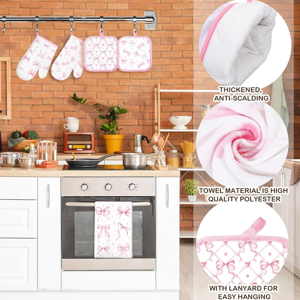 8 Pcs Pink Bows Kitchen Towels Pot Holders and Oven Mitt Set Coquette Kitchen Accessories 4 Dish Towels 2 Absorbent Square Potholders 2 Heat Resistant Glove for Cooking Baking Home Gifting