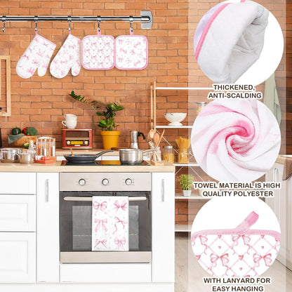 8 Pcs Pink Bows Kitchen Towels Pot Holders and Oven Mitt Set Coquette Kitchen Accessories 4 Dish Towels 2 Absorbent Square Potholders 2 Heat Resistant Glove for Cooking Baking Home Gifting
