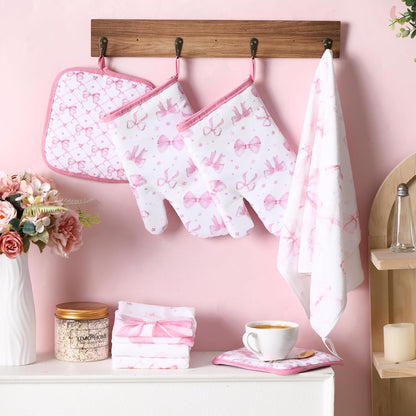 8 Pcs Pink Bows Kitchen Towels Pot Holders and Oven Mitt Set Coquette Kitchen Accessories 4 Dish Towels 2 Absorbent Square Potholders 2 Heat Resistant Glove for Cooking Baking Home Gifting