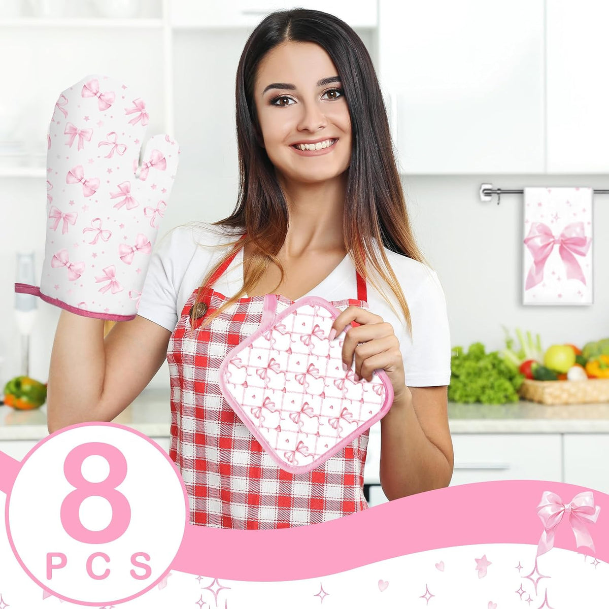 8 Pcs Pink Bows Kitchen Towels Pot Holders and Oven Mitt Set Coquette Kitchen Accessories 4 Dish Towels 2 Absorbent Square Potholders 2 Heat Resistant Glove for Cooking Baking Home Gifting