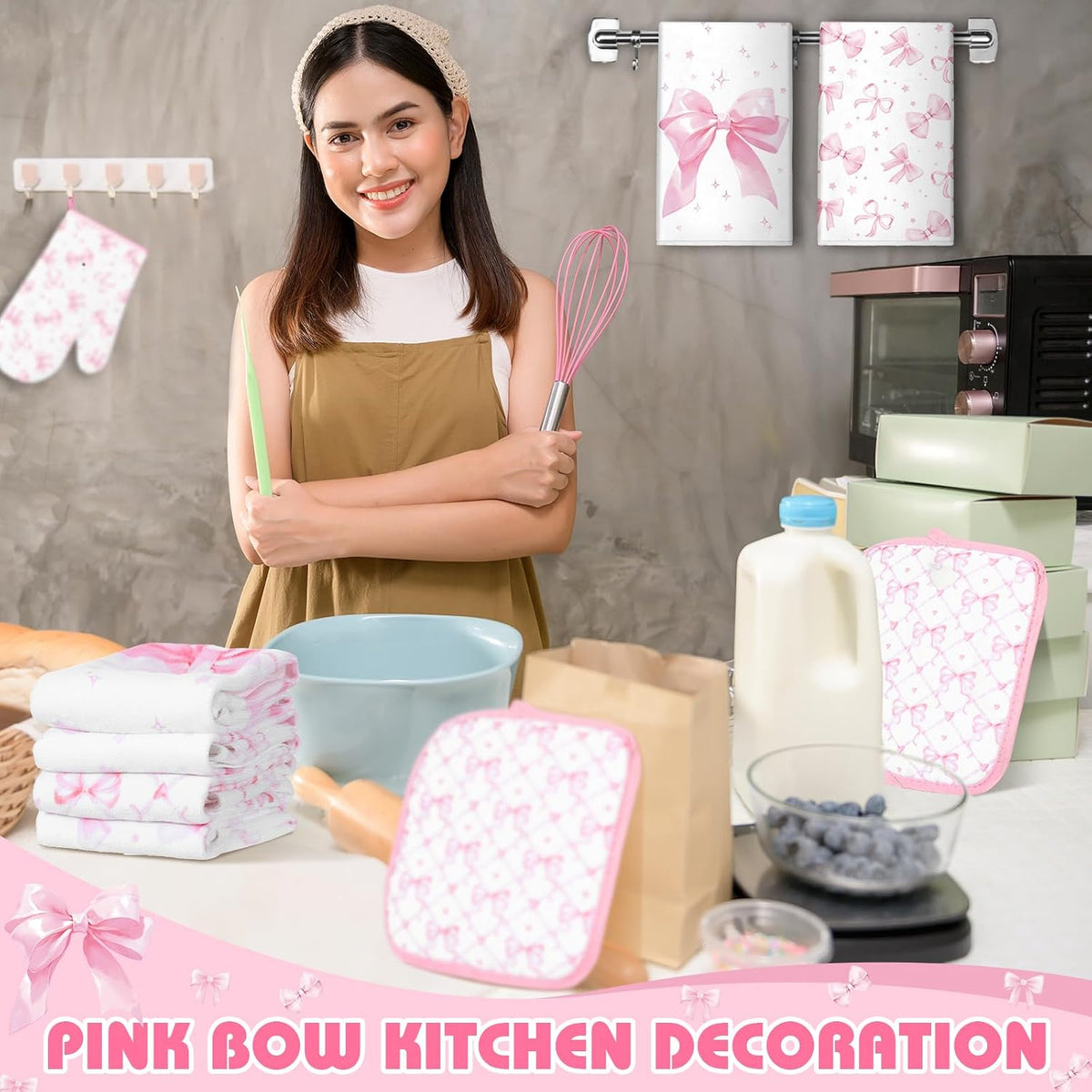 8 Pcs Pink Bows Kitchen Towels Pot Holders and Oven Mitt Set Coquette Kitchen Accessories 4 Dish Towels 2 Absorbent Square Potholders 2 Heat Resistant Glove for Cooking Baking Home Gifting