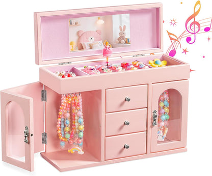 Musical Jewelry Box for Girls, Large Wooden Kids Jewelry Organizer with Spinning Ballerina & Mirror, 5-Layer Storage with Drawers & Side Doors, Pink Jewelry Box for Girls Birthday Christmas & gifts