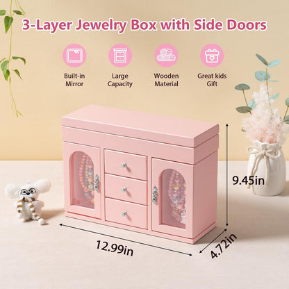 Musical Jewelry Box for Girls, Large Wooden Kids Jewelry Organizer with Spinning Ballerina & Mirror, 5-Layer Storage with Drawers & Side Doors, Pink Jewelry Box for Girls Birthday Christmas & gifts