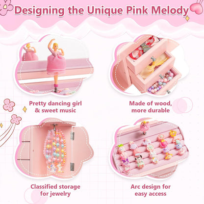 Musical Jewelry Box for Girls, Large Wooden Kids Jewelry Organizer with Spinning Ballerina & Mirror, 5-Layer Storage with Drawers & Side Doors, Pink Jewelry Box for Girls Birthday Christmas & gifts