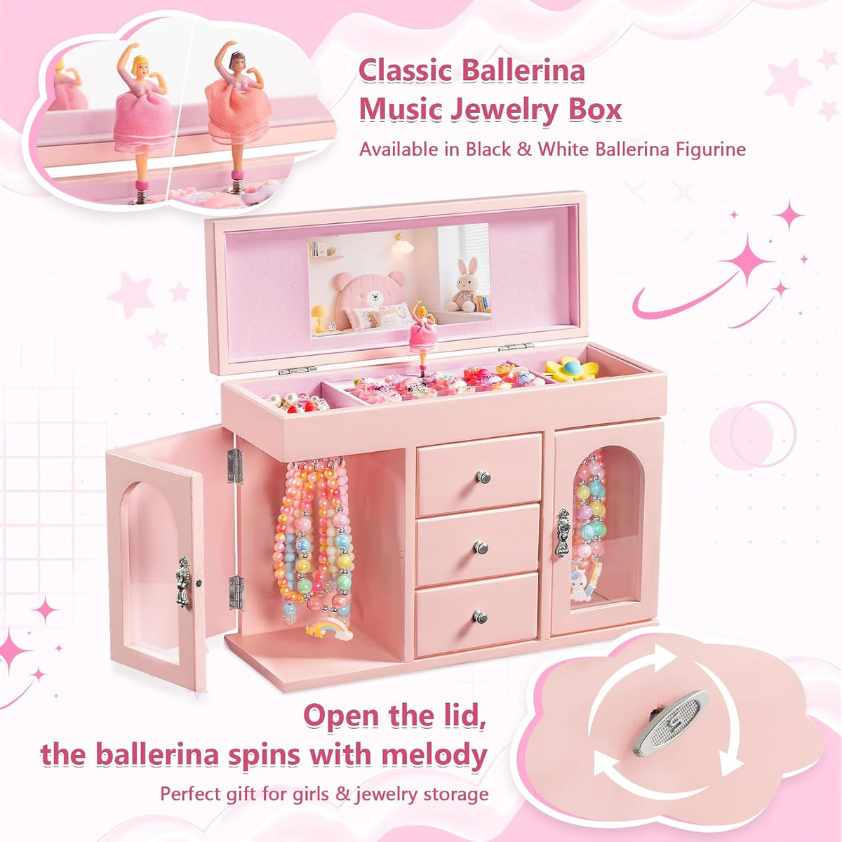 Musical Jewelry Box for Girls, Large Wooden Kids Jewelry Organizer with Spinning Ballerina & Mirror, 5-Layer Storage with Drawers & Side Doors, Pink Jewelry Box for Girls Birthday Christmas & gifts