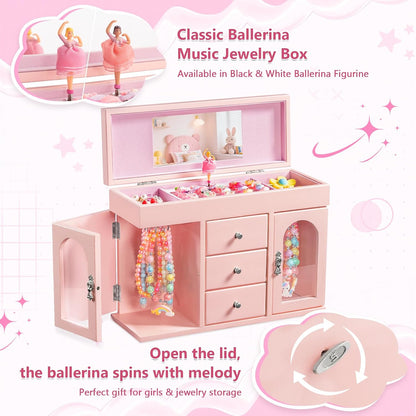 Musical Jewelry Box for Girls, Large Wooden Kids Jewelry Organizer with Spinning Ballerina & Mirror, 5-Layer Storage with Drawers & Side Doors, Pink Jewelry Box for Girls Birthday Christmas & gifts