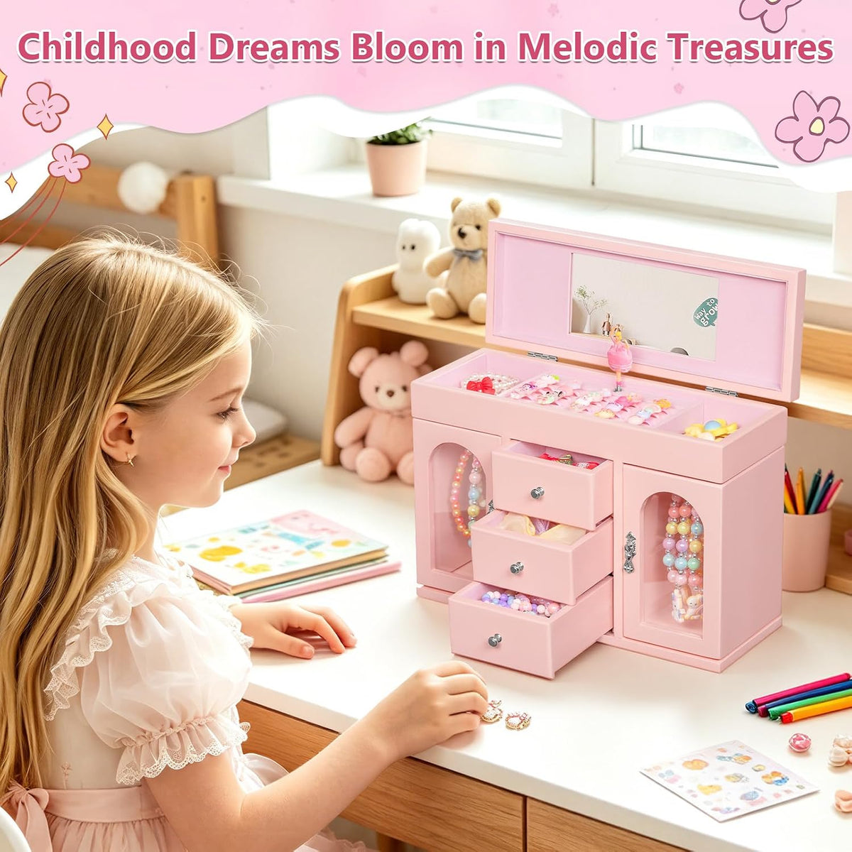 Musical Jewelry Box for Girls, Large Wooden Kids Jewelry Organizer with Spinning Ballerina & Mirror, 5-Layer Storage with Drawers & Side Doors, Pink Jewelry Box for Girls Birthday Christmas & gifts