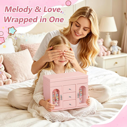 Musical Jewelry Box for Girls, Large Wooden Kids Jewelry Organizer with Spinning Ballerina & Mirror, 5-Layer Storage with Drawers & Side Doors, Pink Jewelry Box for Girls Birthday Christmas & gifts