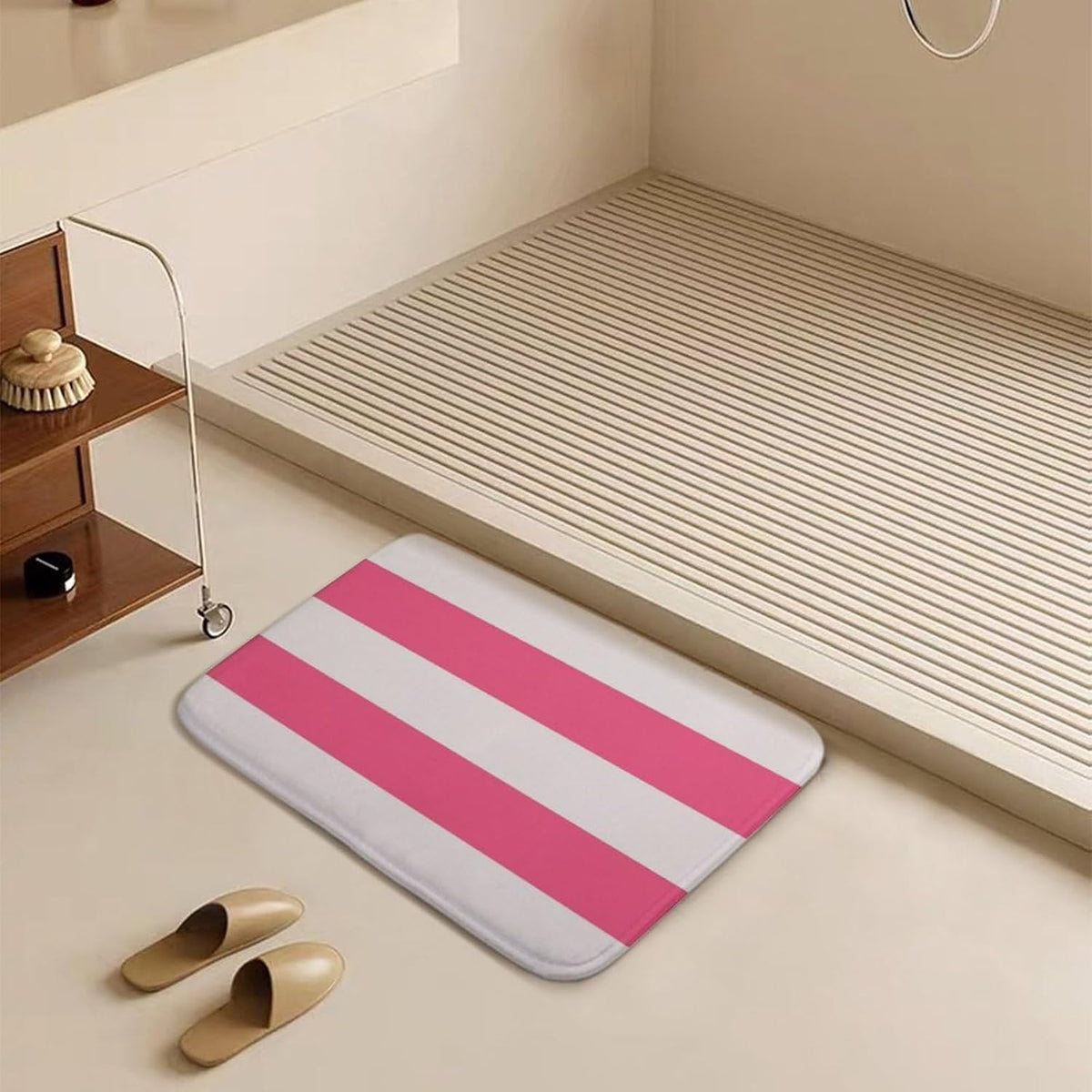 Soft Bath Rug Bright Pink Horizontal Striped Bathroom Mats Non Slip Absorbent Bath Mat Carpet for Kitchen Entryway, 16 x 24inch
