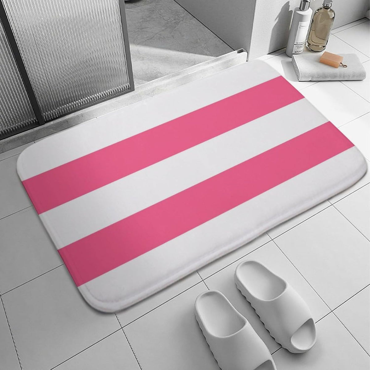 Soft Bath Rug Bright Pink Horizontal Striped Bathroom Mats Non Slip Absorbent Bath Mat Carpet for Kitchen Entryway, 16 x 24inch