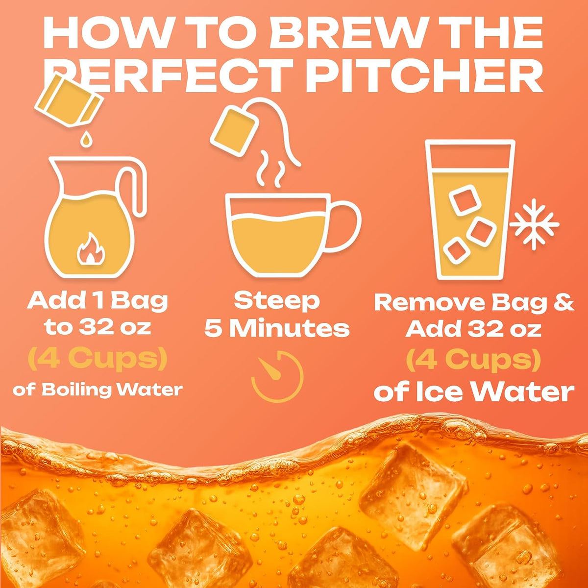 Peach Iced Tea Bags Half Gallon | 20 Count Large Iced Tea Bags | Makes 10 Gallons | Juicy Crisp Peach Flavor | Easy Brew Pitcher