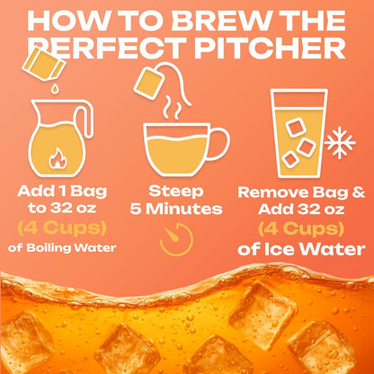 Peach Iced Tea Bags Half Gallon | 20 Count Large Iced Tea Bags | Makes 10 Gallons | Juicy Crisp Peach Flavor | Easy Brew Pitcher