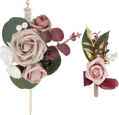 2Pcs Wedding Corsage and Boutonniere Set Dusty Pink Rose Corsage Wristlet and Boutonniere for Men Women Groom Bride Bridesmaid Groomsmen Wedding Party Accessory Prom Decoration (Dusty Pink)