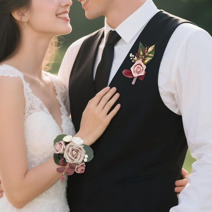 2Pcs Wedding Corsage and Boutonniere Set Dusty Pink Rose Corsage Wristlet and Boutonniere for Men Women Groom Bride Bridesmaid Groomsmen Wedding Party Accessory Prom Decoration (Dusty Pink)
