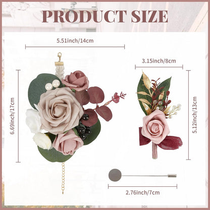 2Pcs Wedding Corsage and Boutonniere Set Dusty Pink Rose Corsage Wristlet and Boutonniere for Men Women Groom Bride Bridesmaid Groomsmen Wedding Party Accessory Prom Decoration (Dusty Pink)