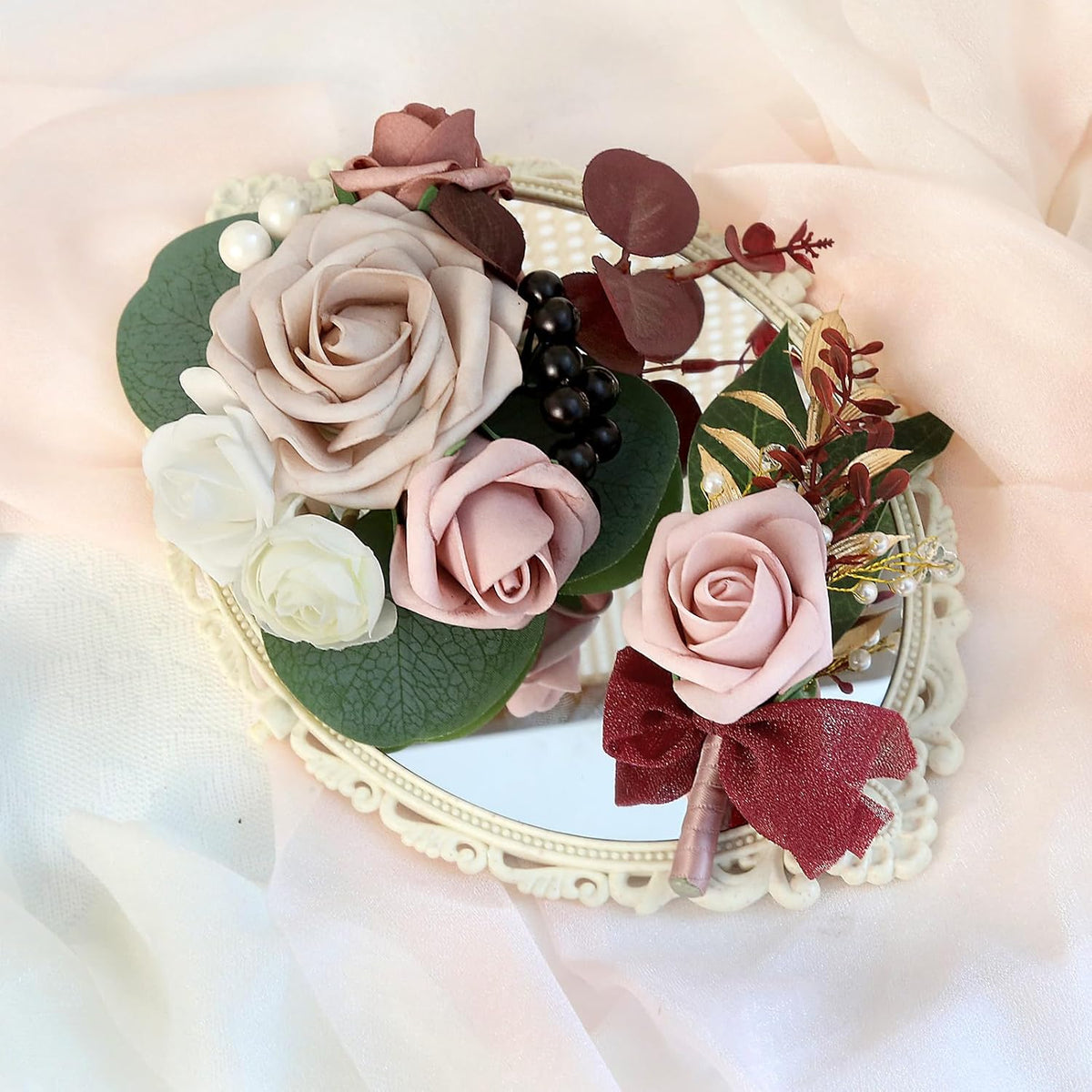 2Pcs Wedding Corsage and Boutonniere Set Dusty Pink Rose Corsage Wristlet and Boutonniere for Men Women Groom Bride Bridesmaid Groomsmen Wedding Party Accessory Prom Decoration (Dusty Pink)