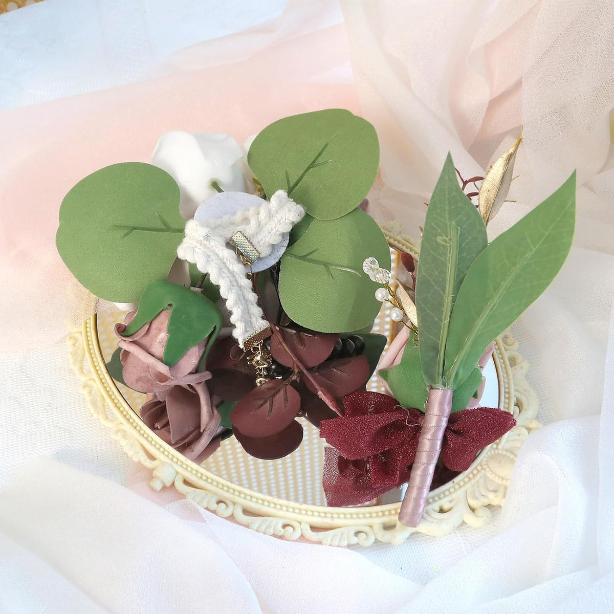2Pcs Wedding Corsage and Boutonniere Set Dusty Pink Rose Corsage Wristlet and Boutonniere for Men Women Groom Bride Bridesmaid Groomsmen Wedding Party Accessory Prom Decoration (Dusty Pink)