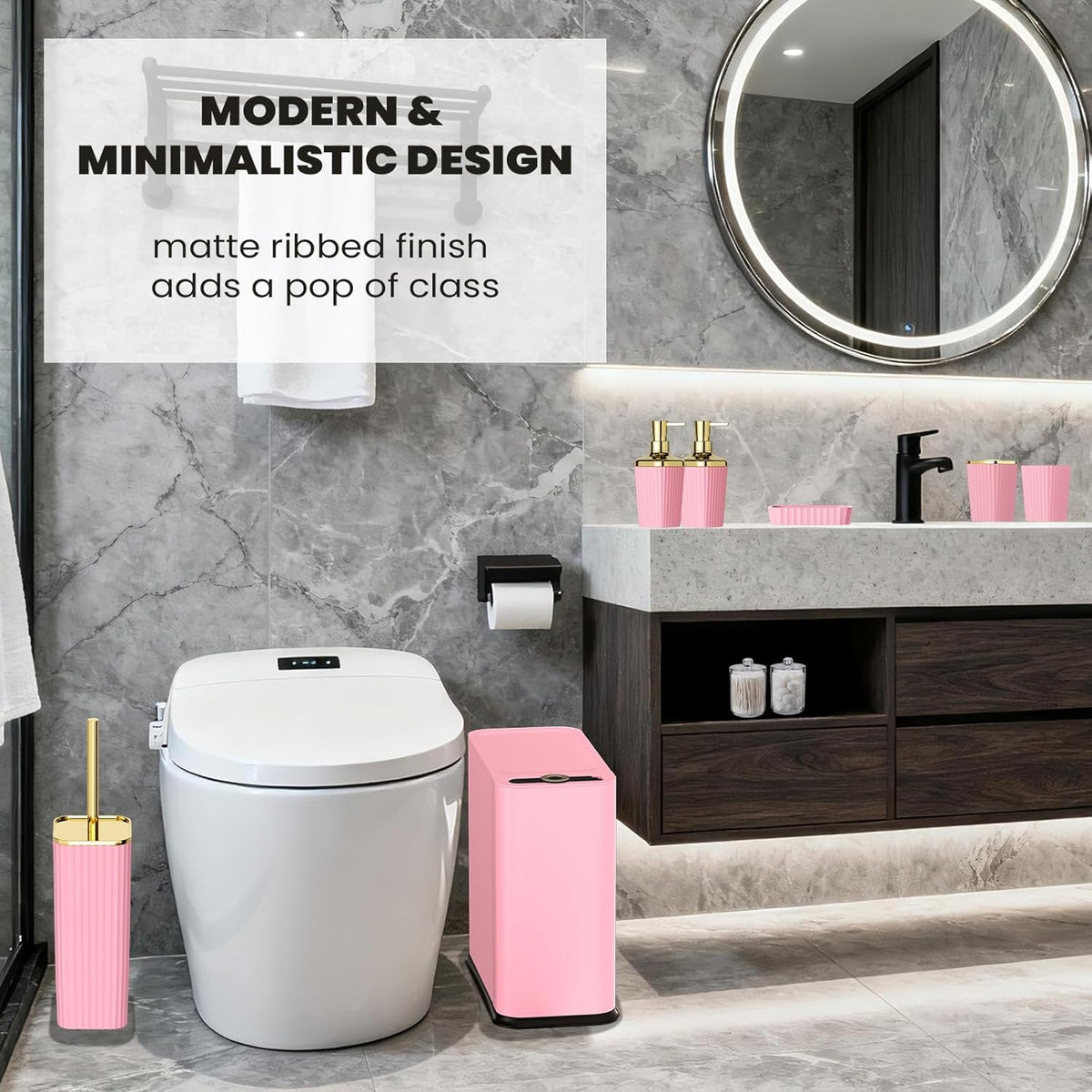 XLHOMO 9-Piece Pink Bathroom Accessories Set - Cute & Functional Set with Slim Trash Can, Soap Dish & Jars - Ideal Gift for Girls, Dorm Room & Modern Vanity Decor