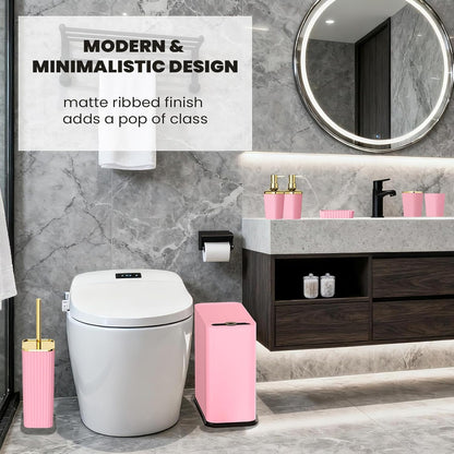 XLHOMO 9-Piece Pink Bathroom Accessories Set - Cute & Functional Set with Slim Trash Can, Soap Dish & Jars - Ideal Gift for Girls, Dorm Room & Modern Vanity Decor