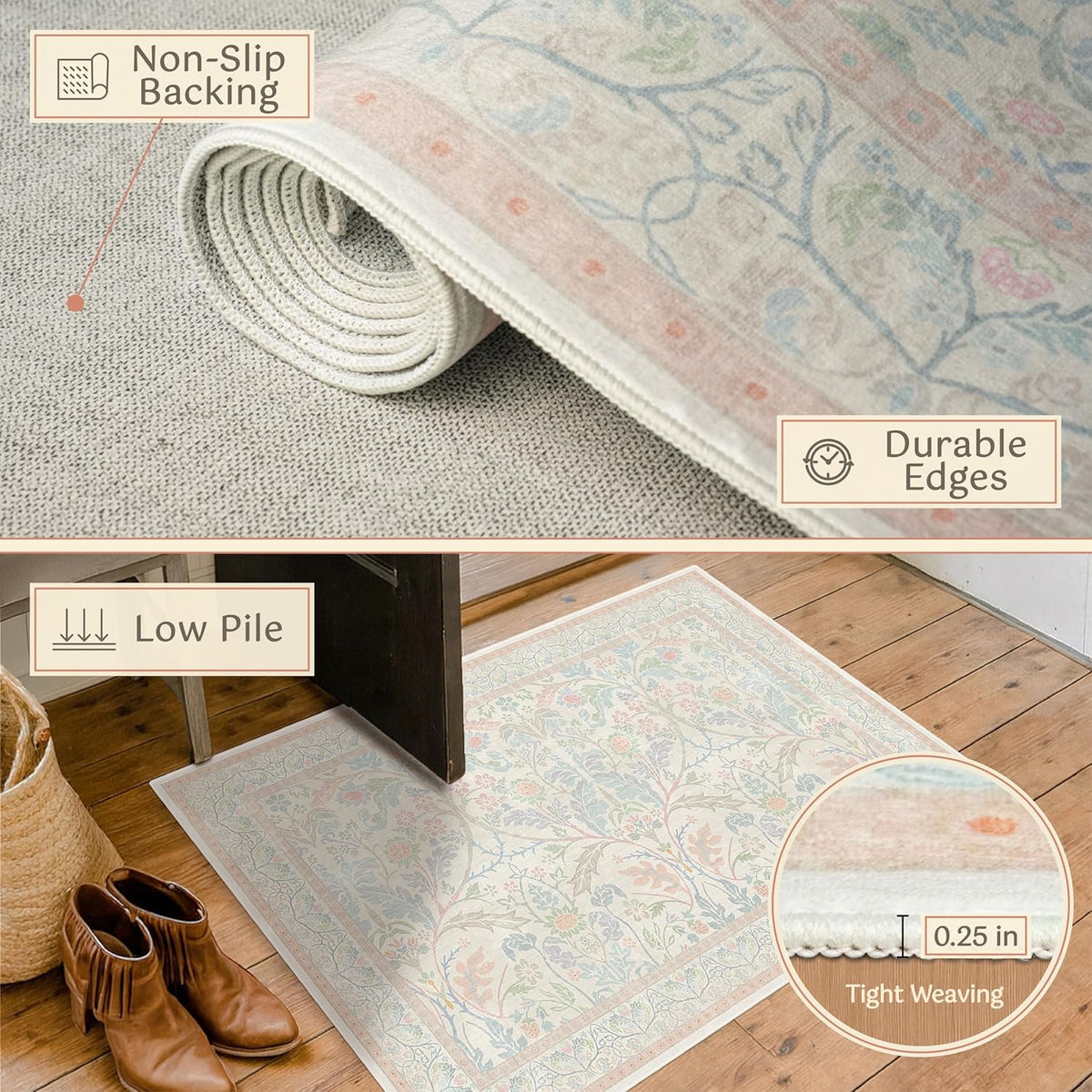 Soft Washable Runner Rug 2x6 Non Slip for Girls Bedroom, Laundry Room Rug, Kitchen, Bathroom, Floral Light Pink and Blue Stain Resistant Floor Runner Carpet Low Pile with Rubber Backing
