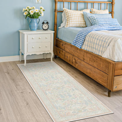 Soft Washable Runner Rug 2x6 Non Slip for Girls Bedroom, Laundry Room Rug, Kitchen, Bathroom, Floral Light Pink and Blue Stain Resistant Floor Runner Carpet Low Pile with Rubber Backing