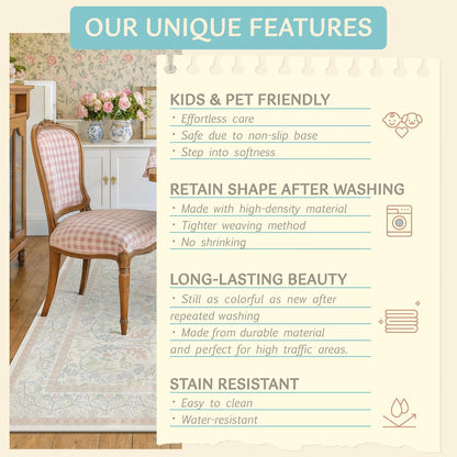 Soft Washable Runner Rug 2x6 Non Slip for Girls Bedroom, Laundry Room Rug, Kitchen, Bathroom, Floral Light Pink and Blue Stain Resistant Floor Runner Carpet Low Pile with Rubber Backing