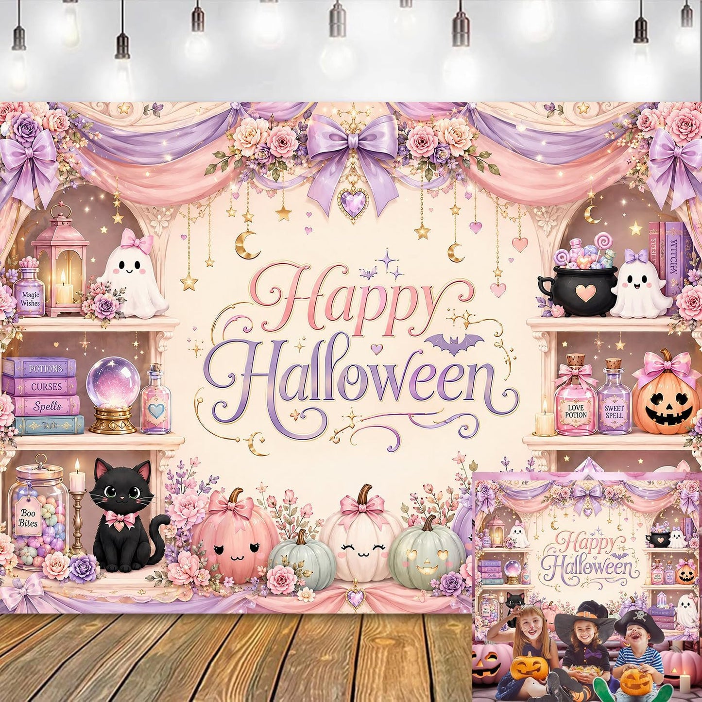 Pink Halloween Backdrop 7x5FT Cute Ghost Pumpkin Party Photo Banner Decor