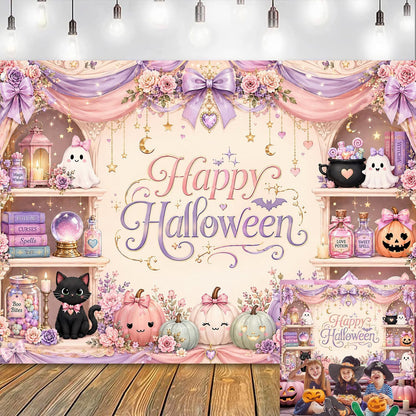 Pink Halloween Backdrop 7x5FT Cute Ghost Pumpkin Party Photo Banner Decor