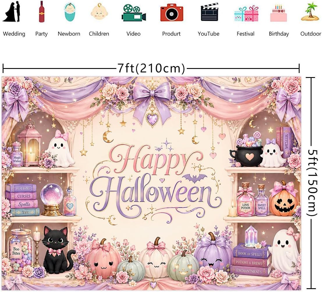 Pink Halloween Backdrop 7x5FT Cute Ghost Pumpkin Party Photo Banner Decor