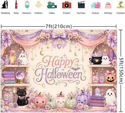 Pink Halloween Backdrop 7x5FT Cute Ghost Pumpkin Party Photo Banner Decor