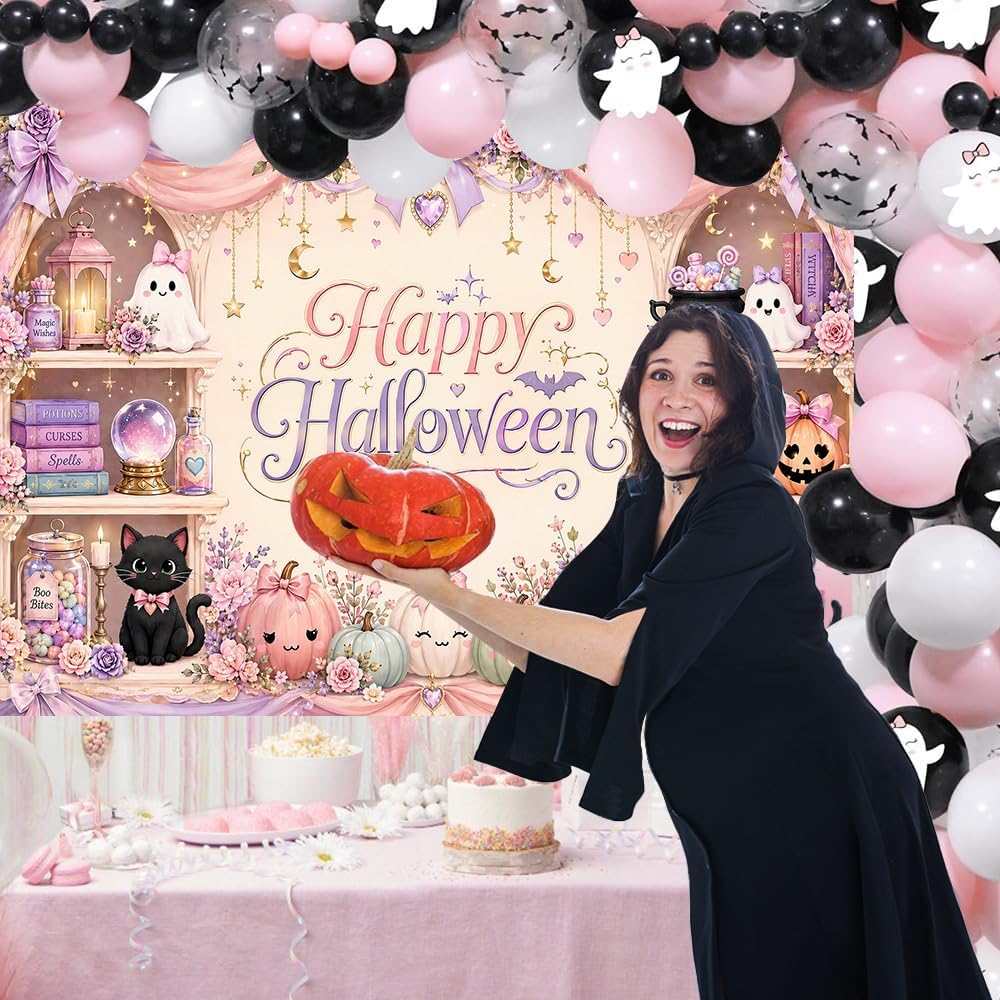 Pink Halloween Backdrop 7x5FT Cute Ghost Pumpkin Party Photo Banner Decor