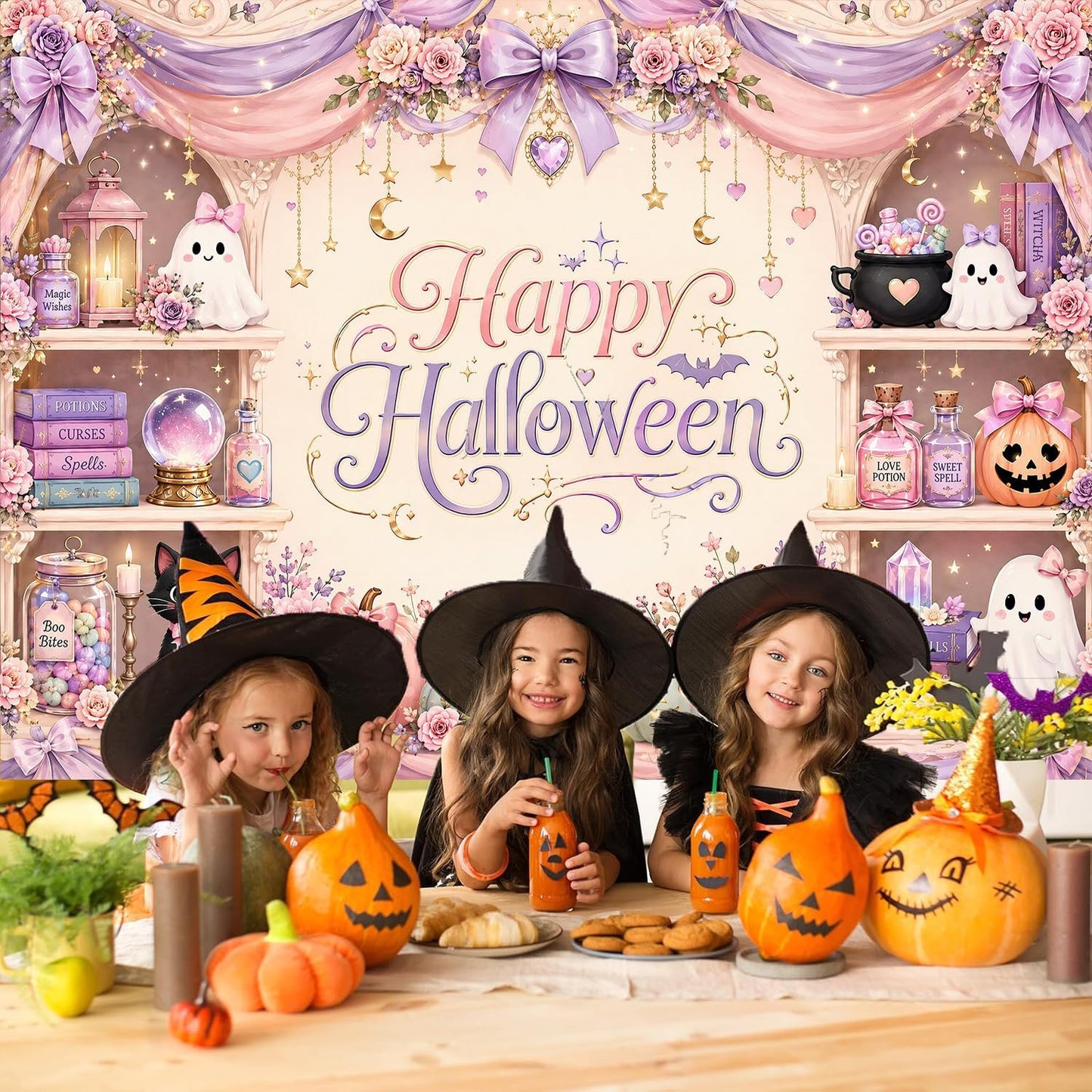 Pink Halloween Backdrop 7x5FT Cute Ghost Pumpkin Party Photo Banner Decor