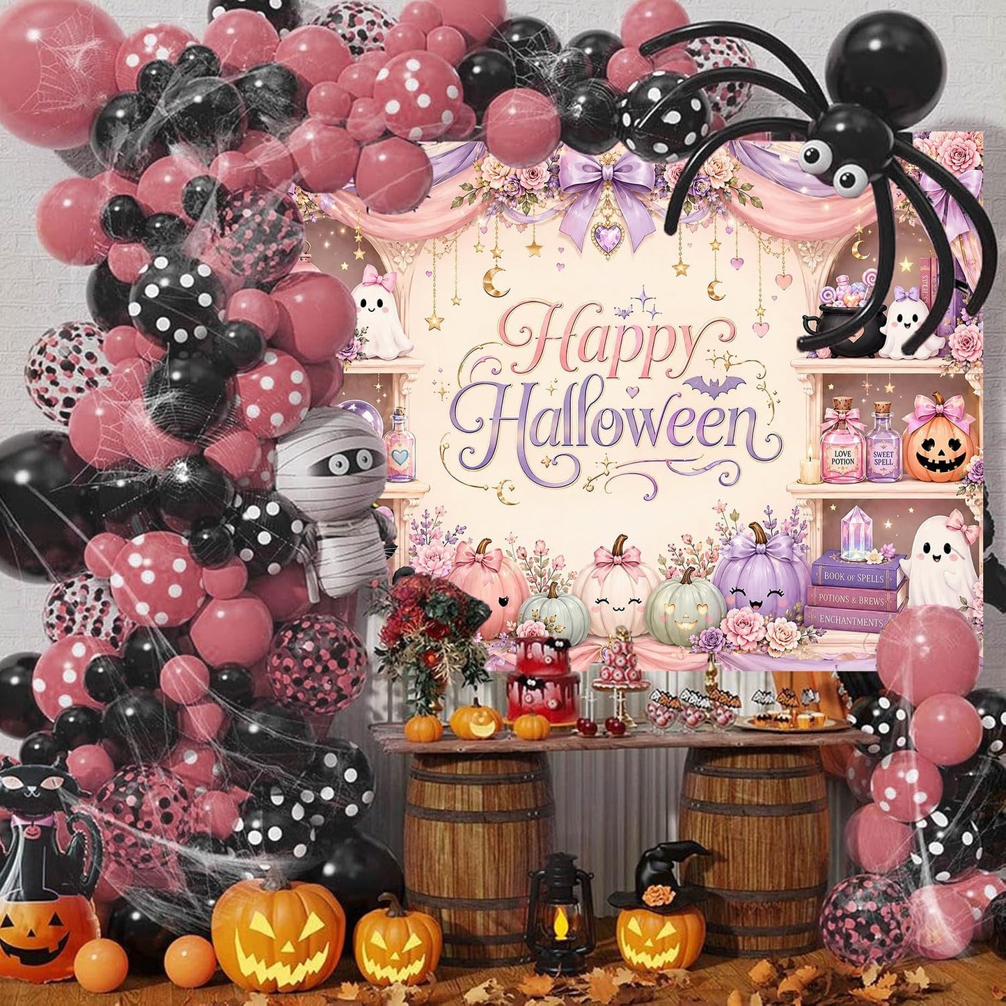 Pink Halloween Backdrop 7x5FT Cute Ghost Pumpkin Party Photo Banner Decor
