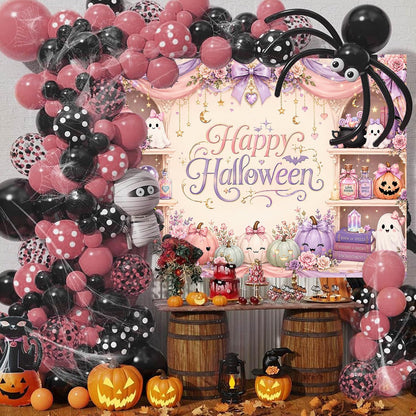 Pink Halloween Backdrop 7x5FT Cute Ghost Pumpkin Party Photo Banner Decor