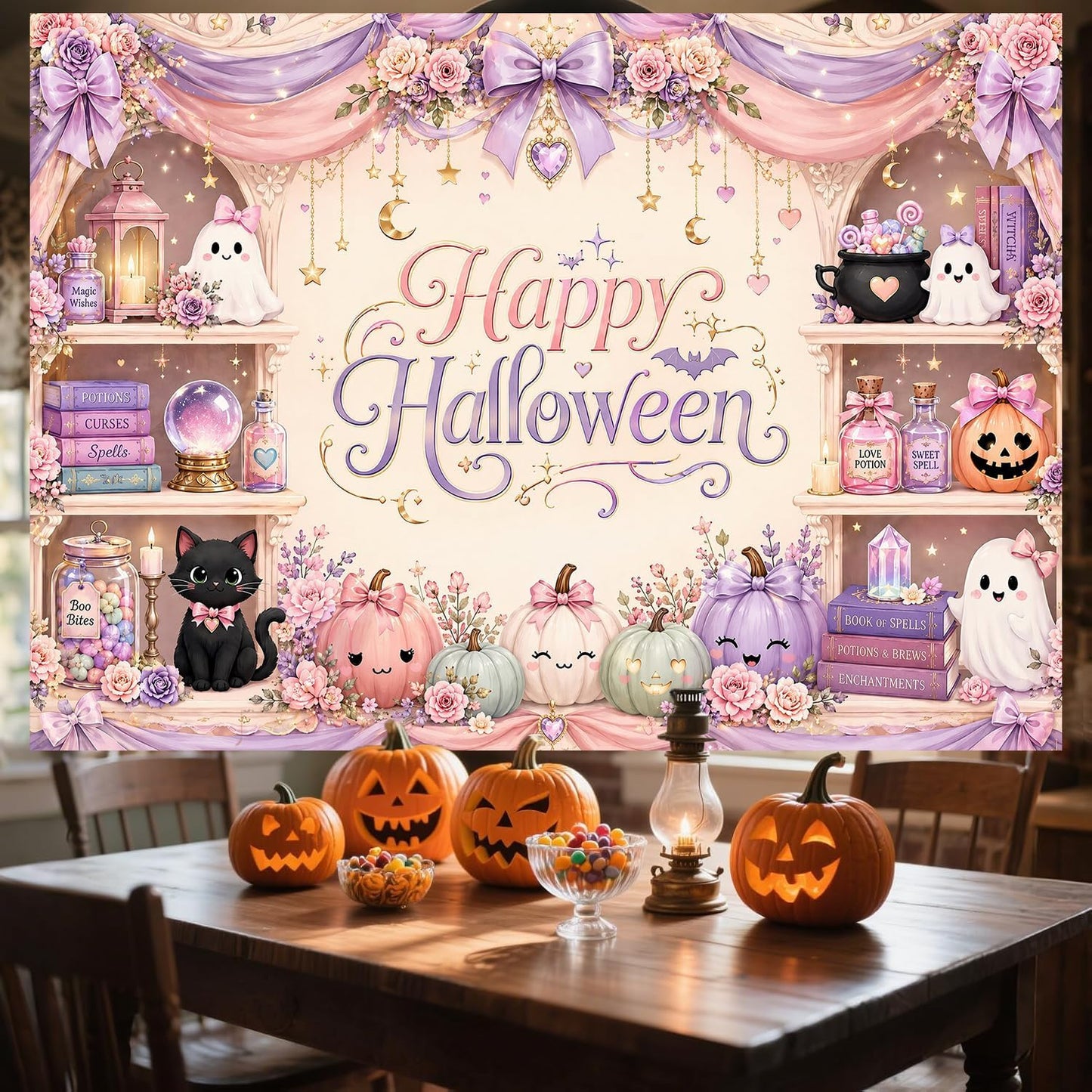 Pink Halloween Backdrop 7x5FT Cute Ghost Pumpkin Party Photo Banner Decor